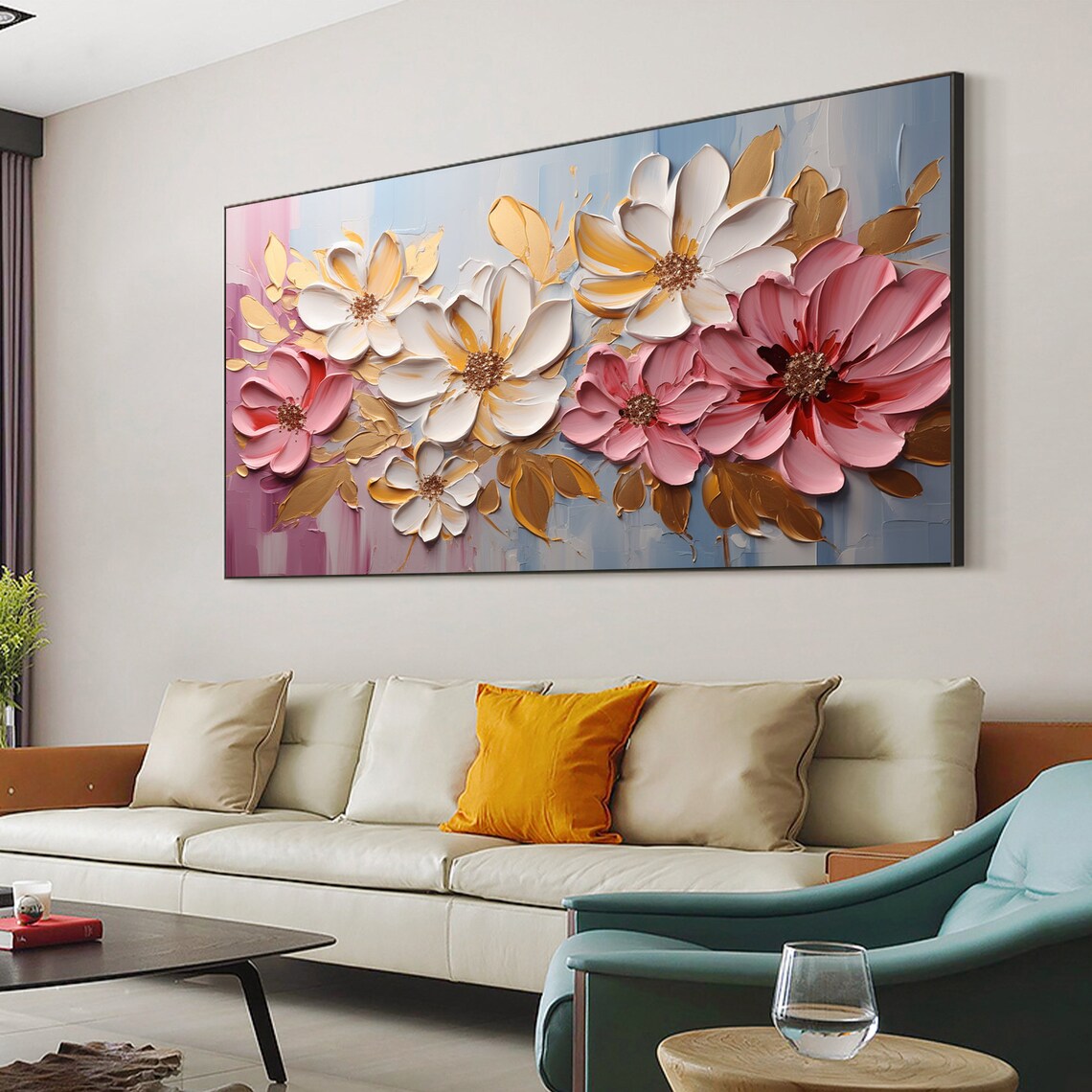 Pink and White Blossoms Gold Leaves Impasto Oil Painting Poster - Image 7