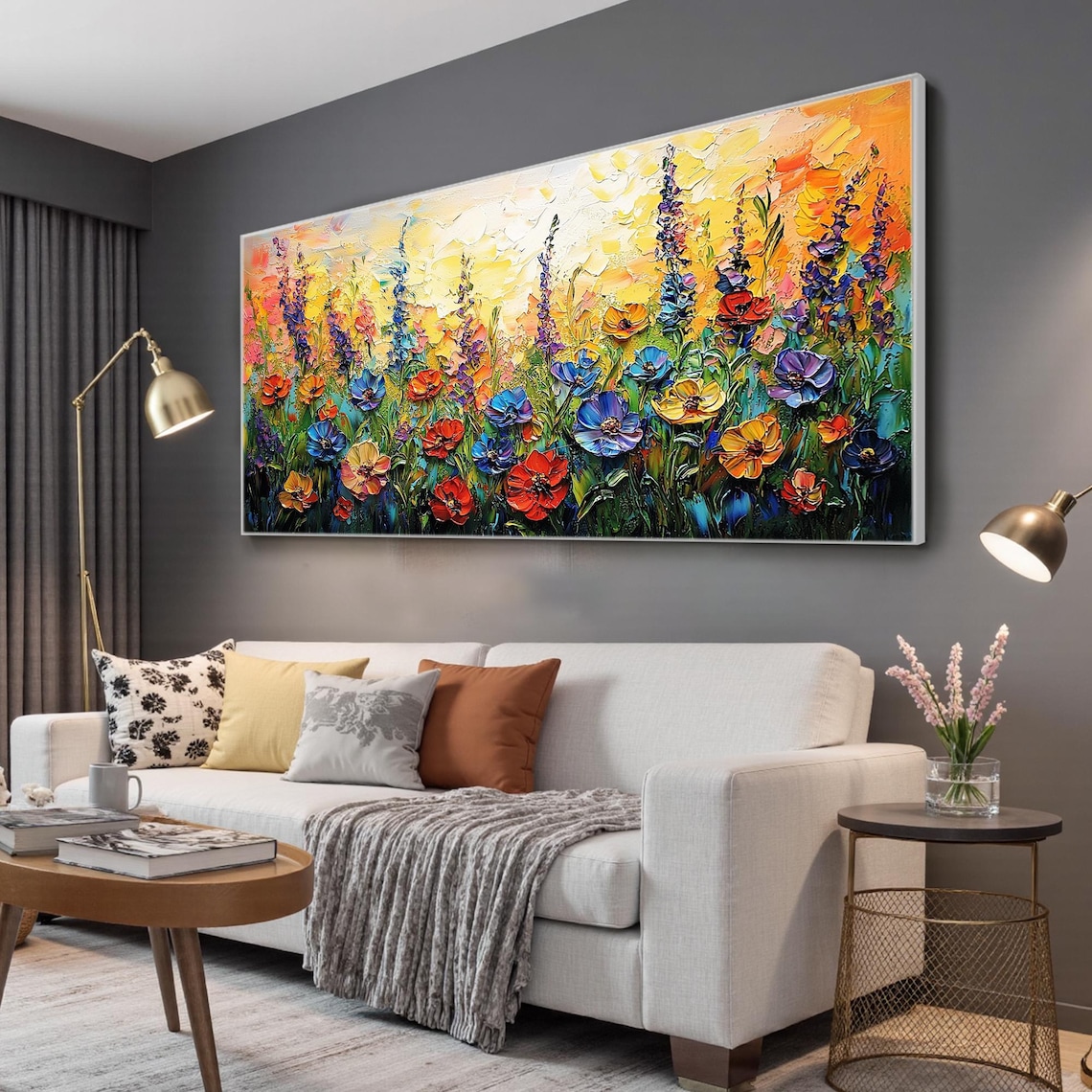 Colorful Wildflower Meadow at Sunset Impasto Oil Painting Poster - Image 6