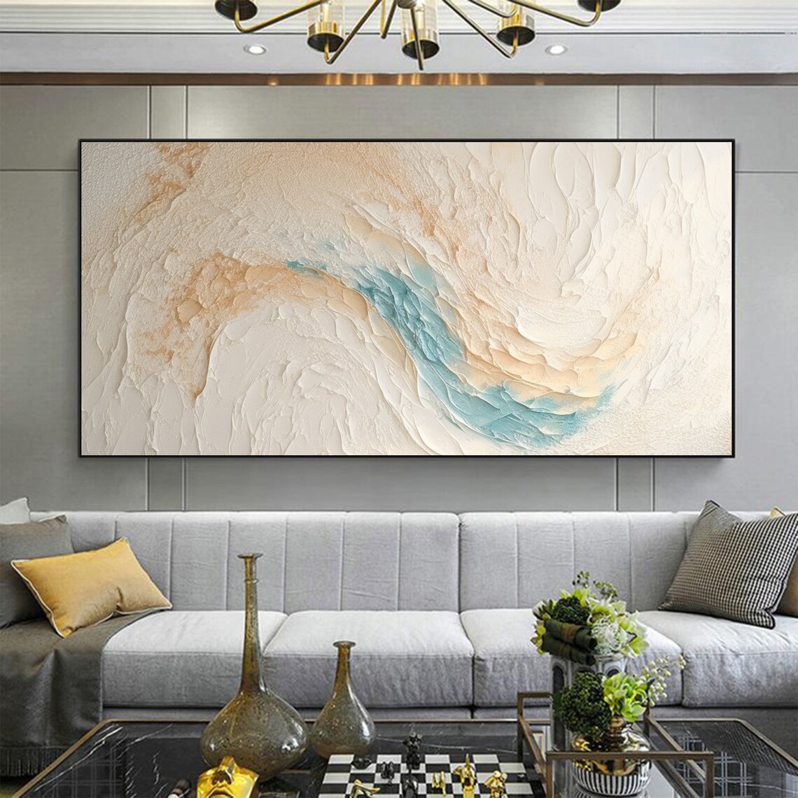 Cream And Teal Textured Wave Minimalist Modern Beach Art Poster - Image 2