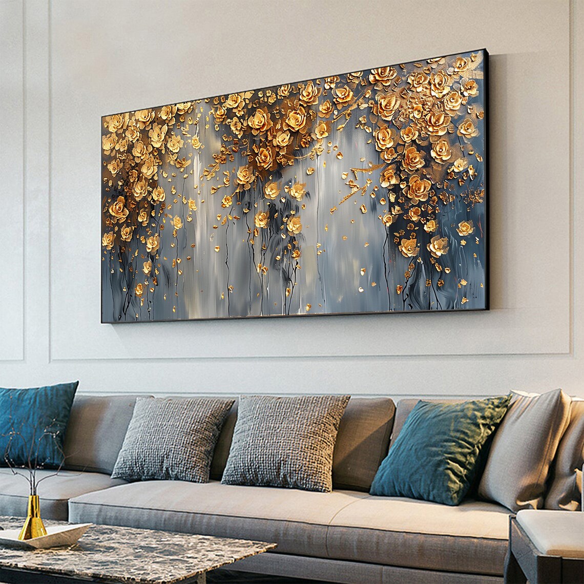 Custom Abstract Gold Flower Oil Painting, Boho Art Print - Image 6