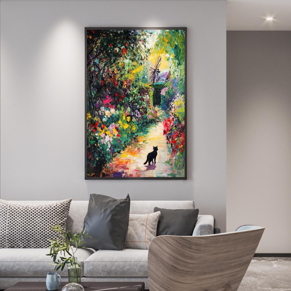 Black Cat on a Flower Garden Path Impressionist Oil Painting Poster - Image 4