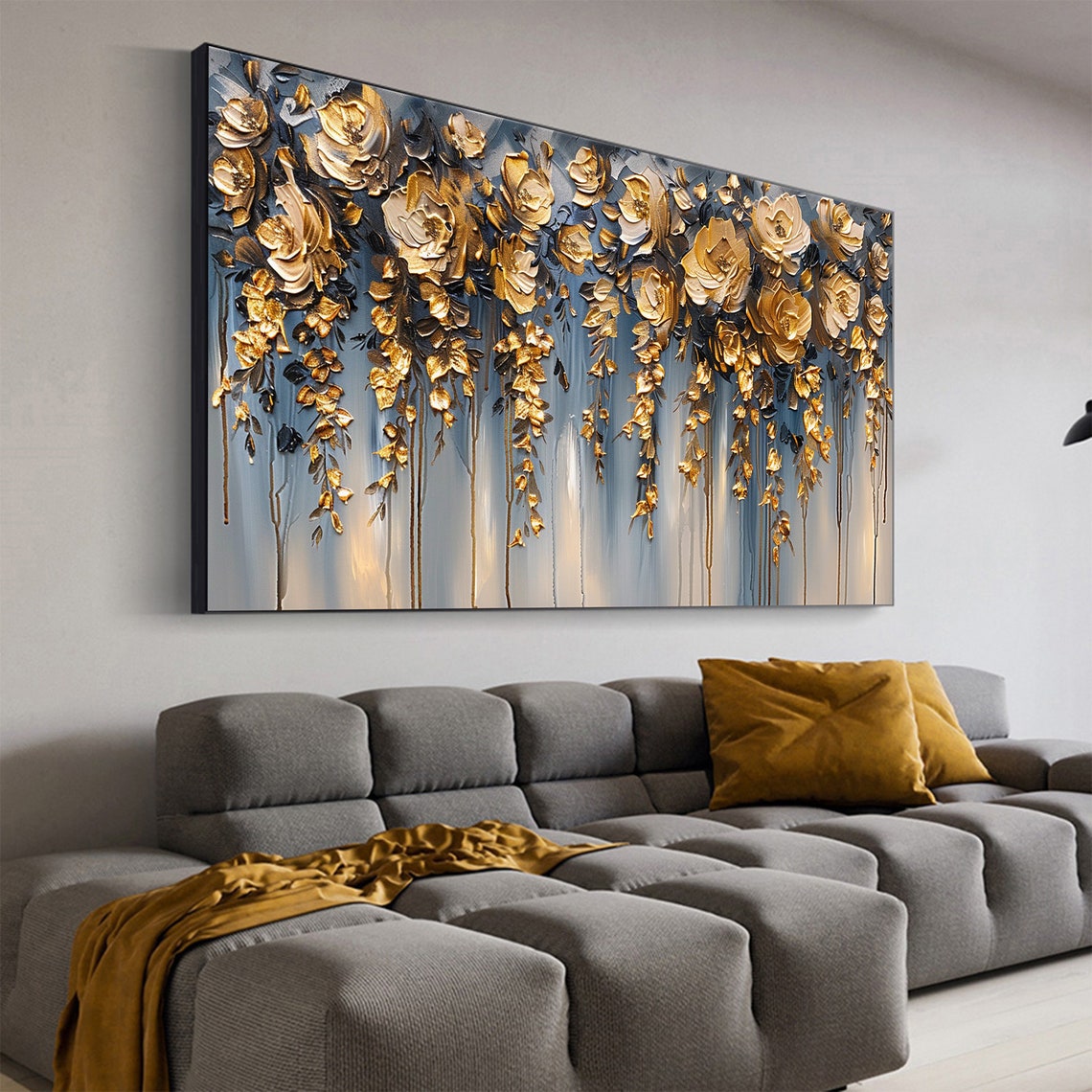 Golden Hanging Flowers Blue Gray Elegant Floral Canvas Poster - Image 7