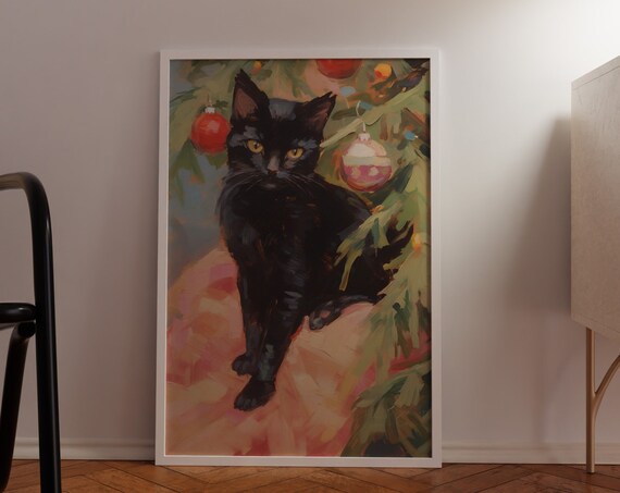 Black Cat Beside A Decorated Christmas Tree Holiday Art Poster
