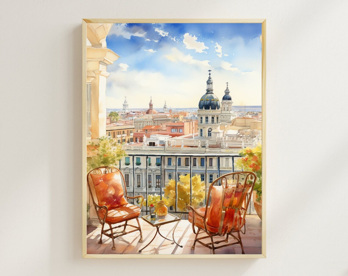 Madrid Balcony View Watercolor Travel Poster