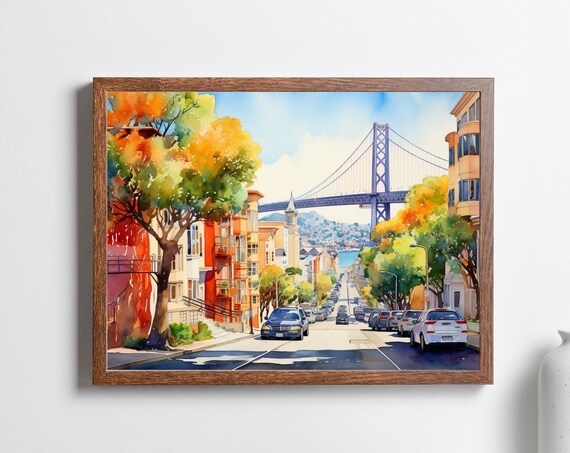 San Francisco Bay Bridge Watercolor Street Cityscape Art Poster