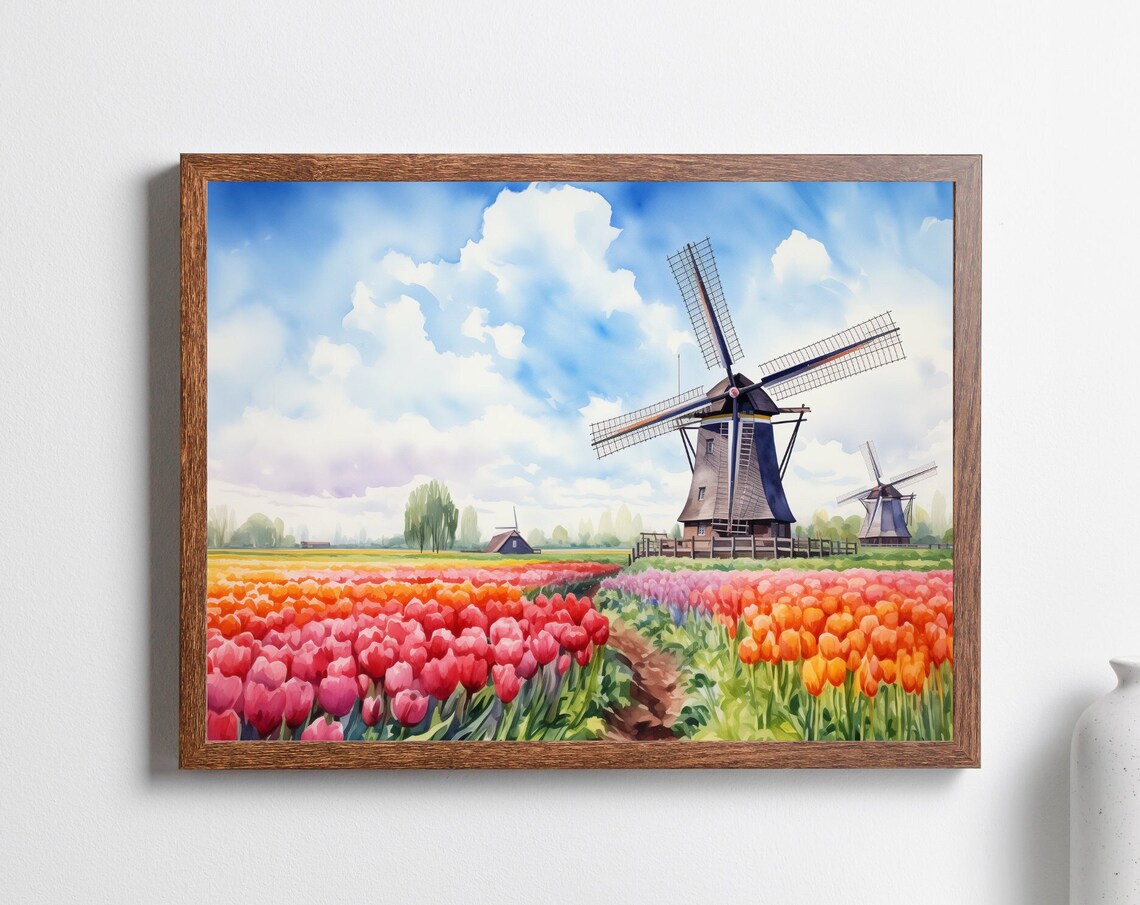 Windmill Tulip Field Watercolor Travel Poster, Netherlands