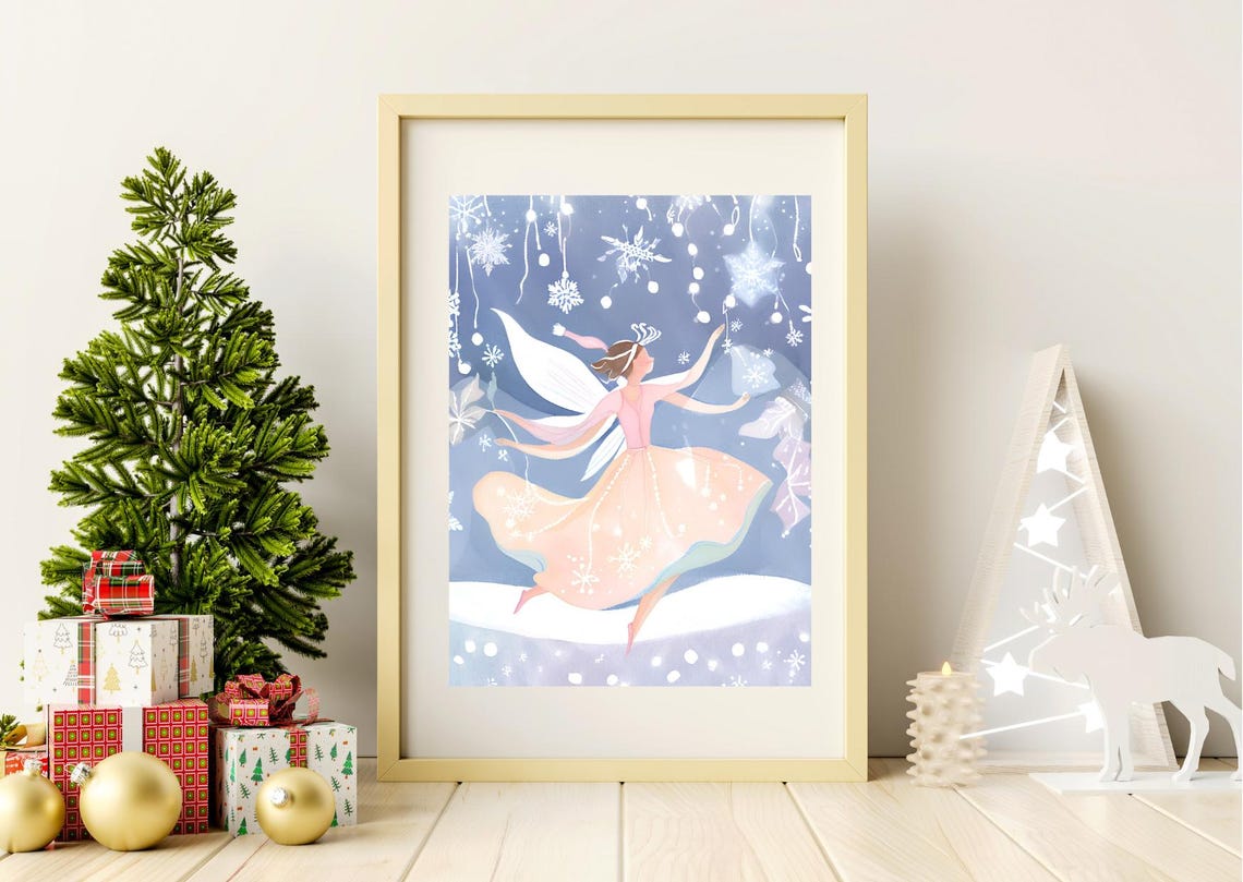 Snow Fairy Dancing Pastel Snowflakes Pink Ballet Nursery Wall Art