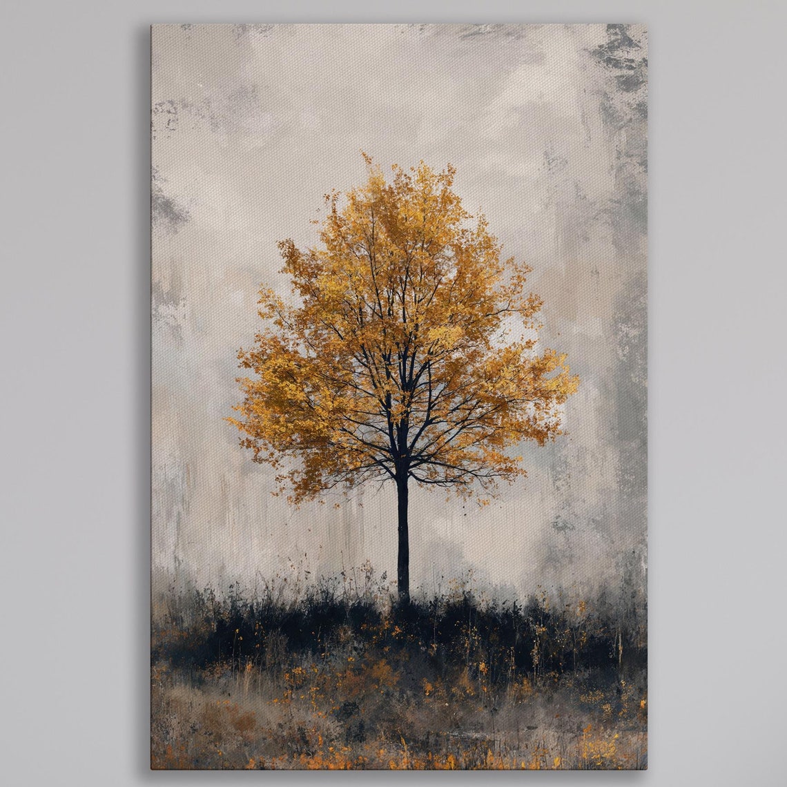 Lone Autumn Tree With Gold Leaves in a Gray Misty Landscape Poster