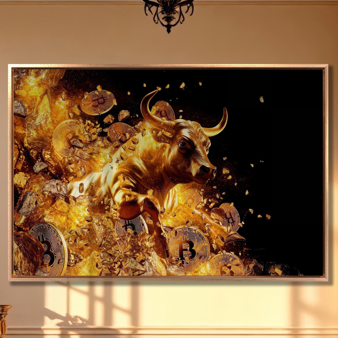 Gold Bull and Bitcoin Art Print, Crypto Wall Decor