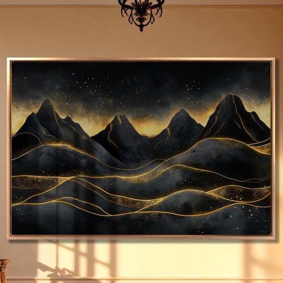 Surreal Mountain Landscape Wall Art Dark Mountains Painting Print Black And Gold Wall Decor Abstract Night Sky Poster Ready To Hang