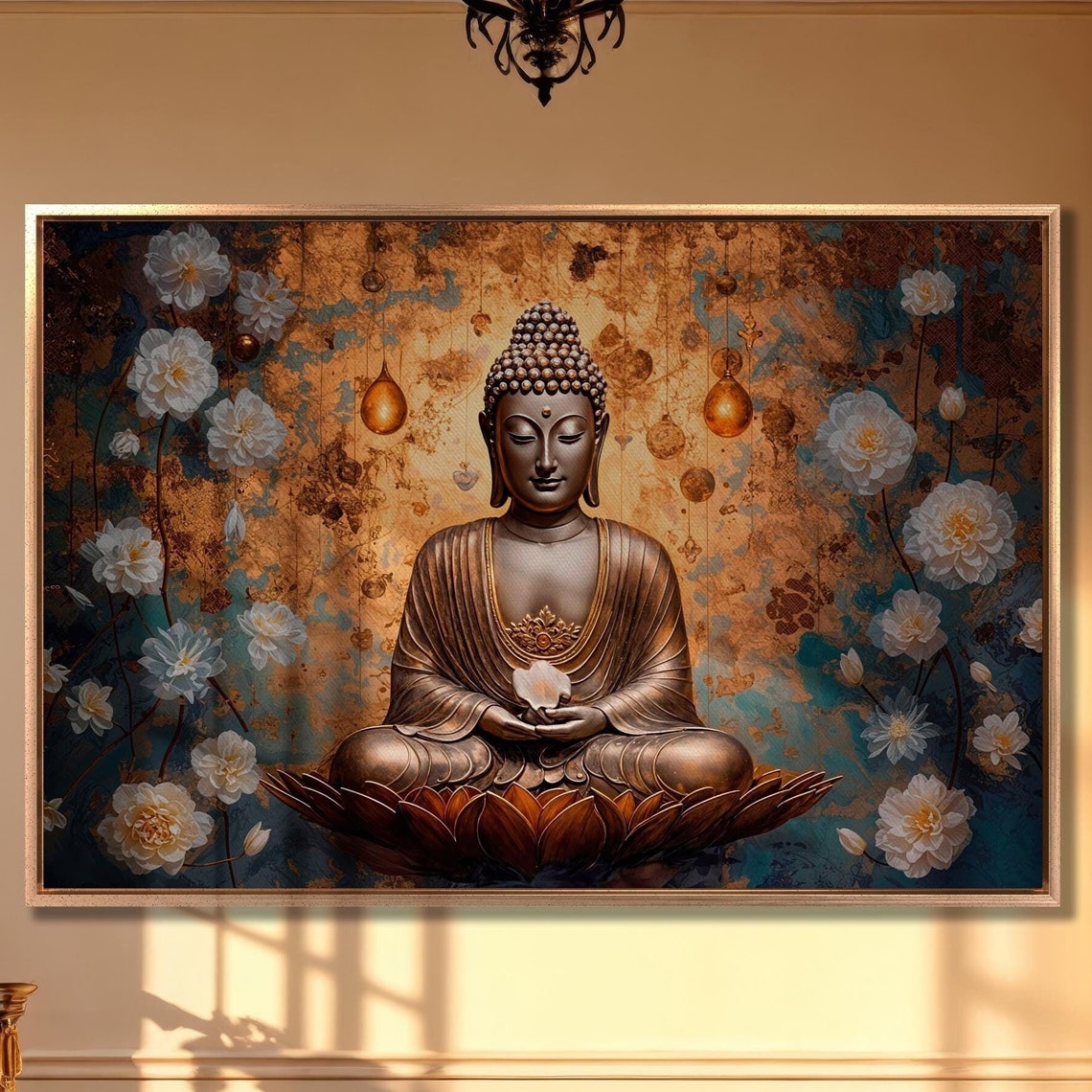 Bronze Buddha Meditating on Lotus Among White Flowers Poster