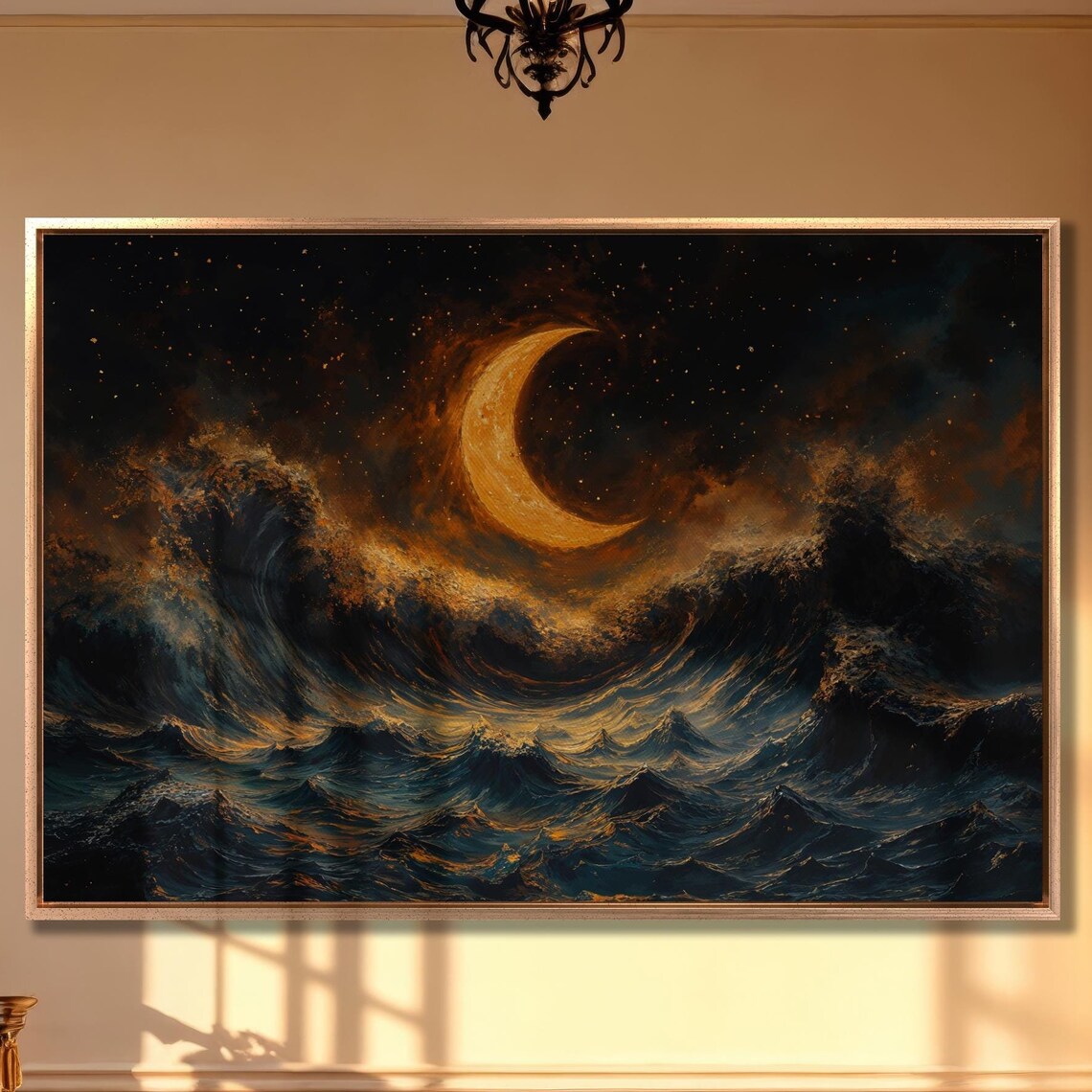 Golden Crescent Moon Over A Stormy Night Sea Abstract Poster