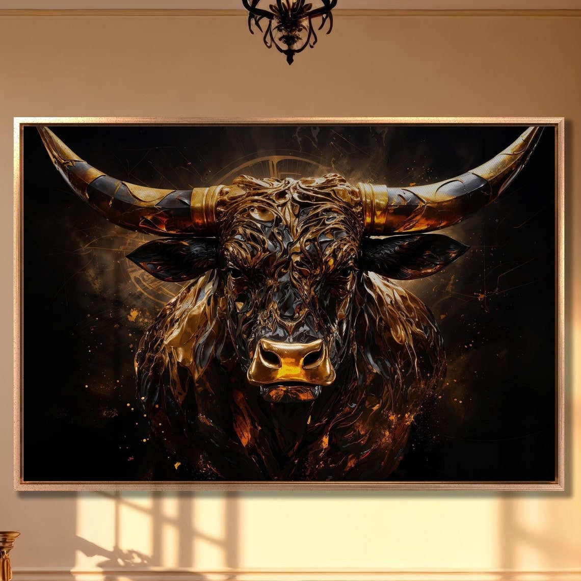 Golden Black Abstract Bull Head Fierce Animal Portrait Poster