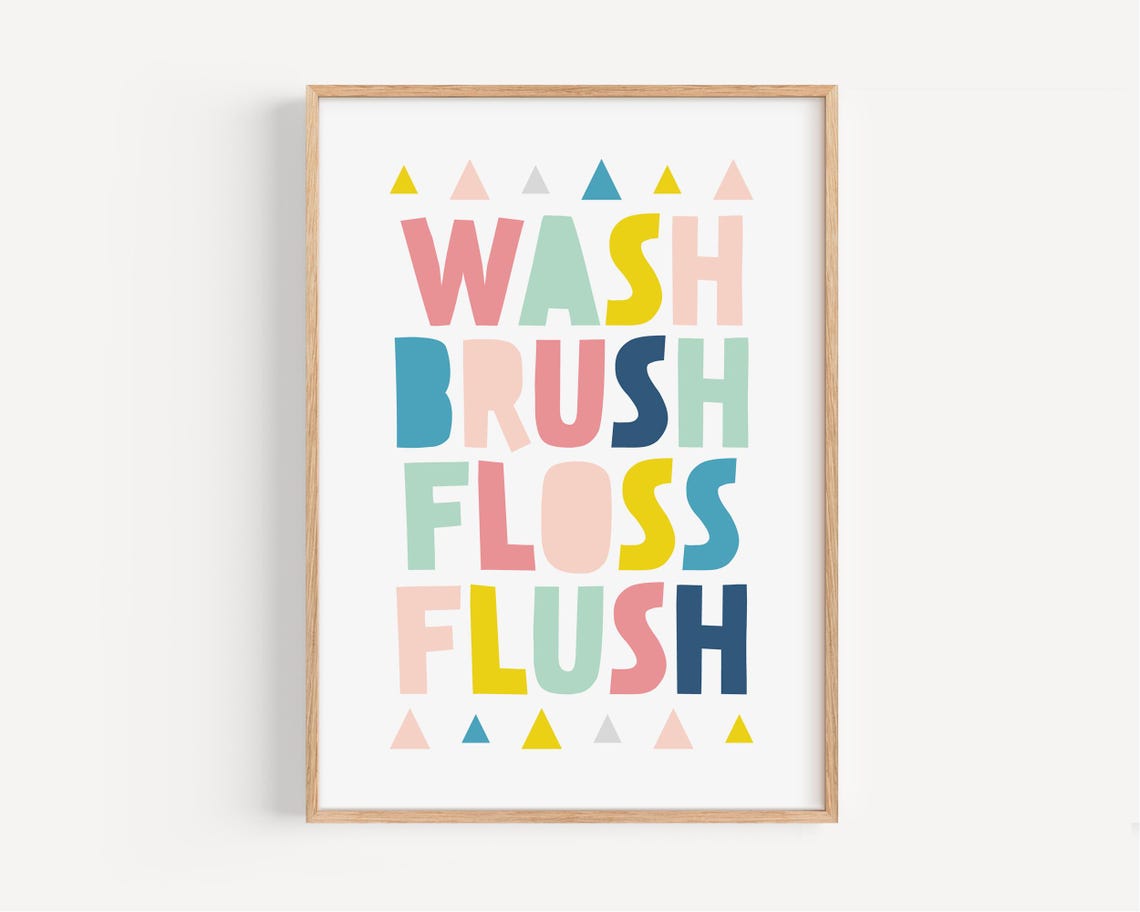 Wash Brush Floss Flush Colorful Kids Bathroom Rules Sign Poster
