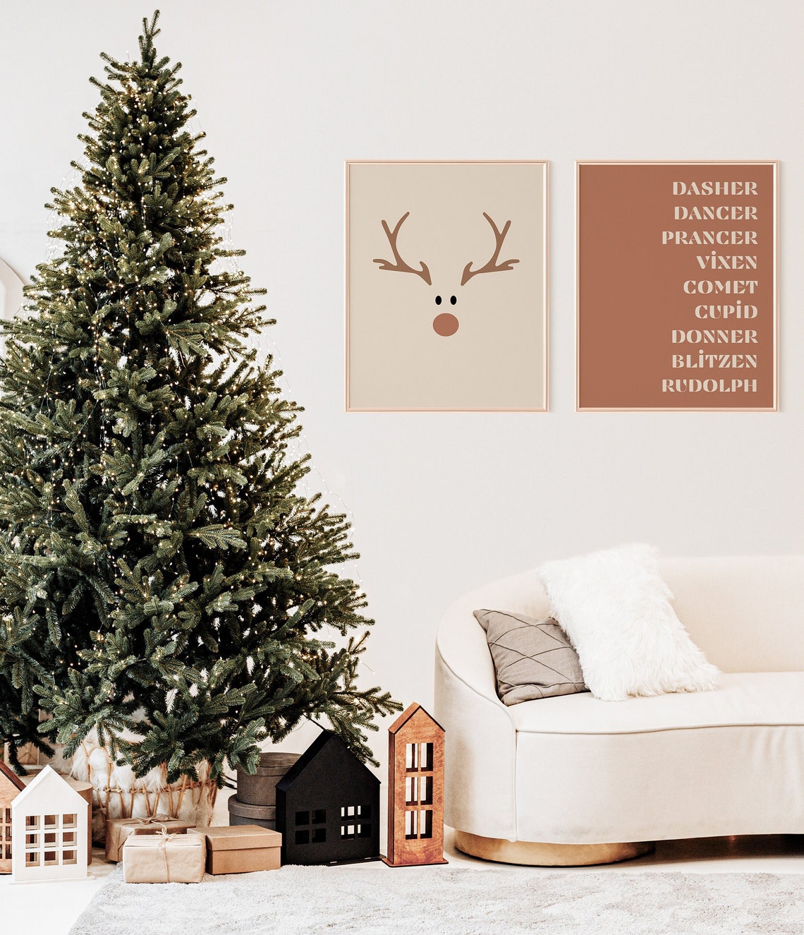 Cute Reindeer Face Rudolph Minimalist Beige Christmas Nursery Poster - Image 3