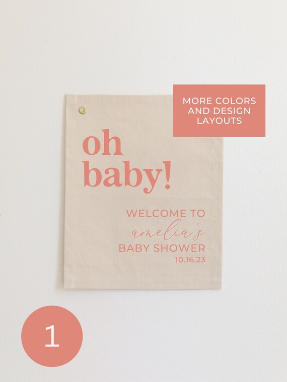 Oh Baby Personalized Baby Shower Welcome Sign Coral Serif Canvas Flag Wall Art