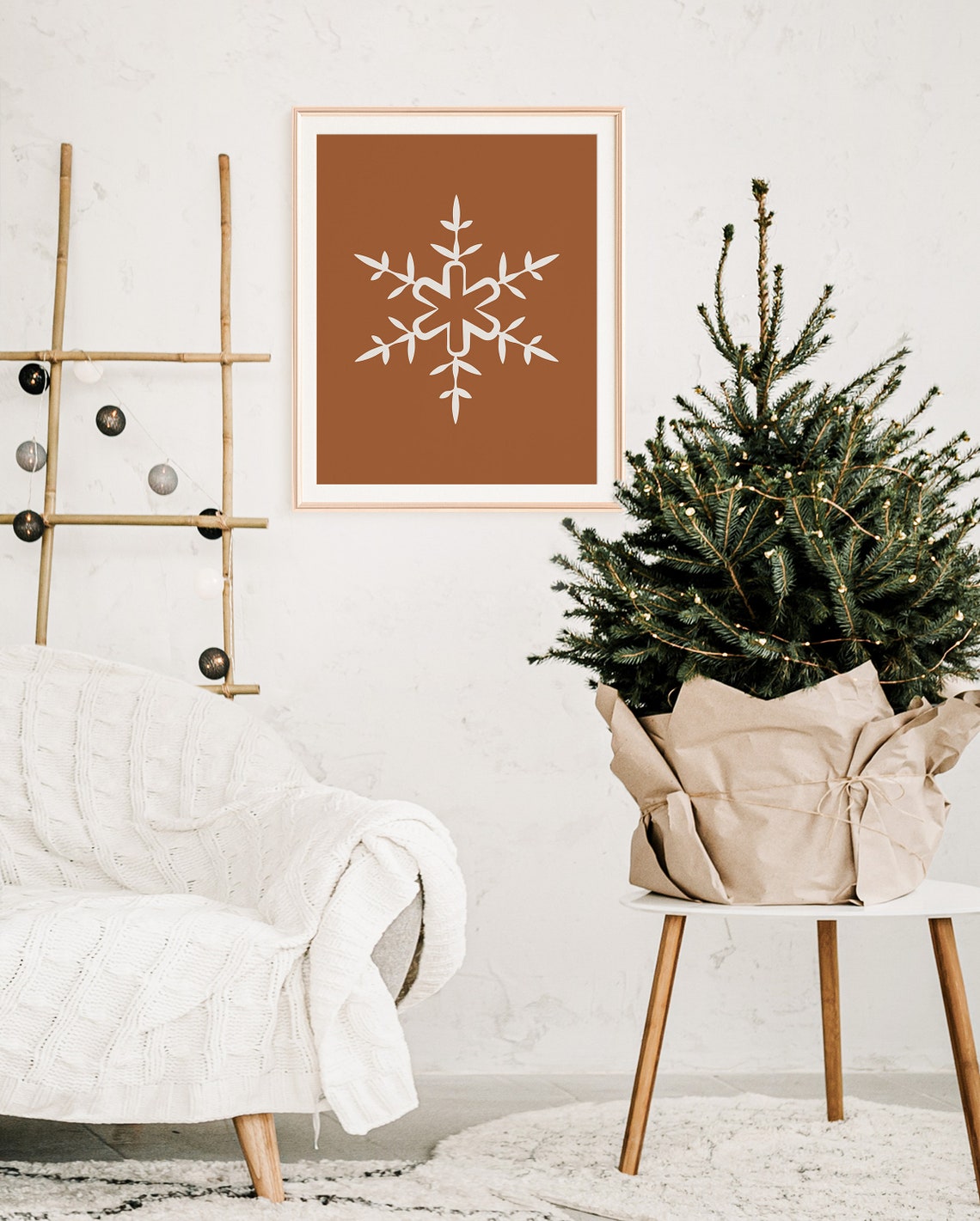 White Snowflake Rust Orange Background Minimalist Winter Framed Poster - Image 3