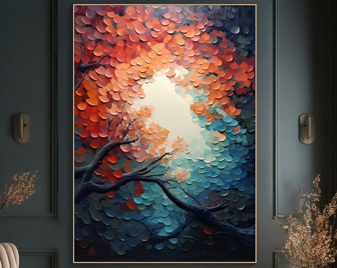 Autumn Trees Red Teal Canopy Dark Branches Bold Texture Art Poster