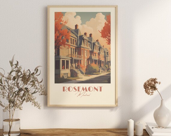 Rosemont Montreal Brick Rowhouses Autumn Vintage Travel Poster