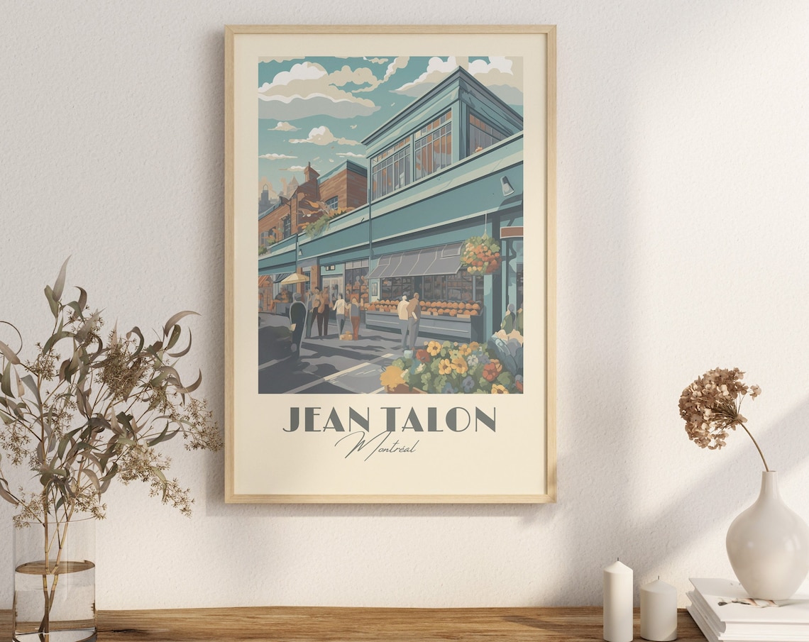 Jean Talon Montreal Market Vibrant Flower Stalls Vintage Travel Poster