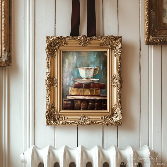 Vintage Books And Cup Of Tea Art Print Wall Art Library Art Vintage Print Cottagecore Academia
