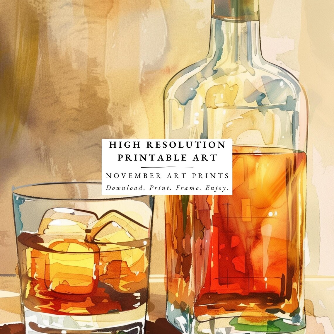 Whiskey Decanter and Rocks Glass with Ice Watercolor Still Life Poster - Image 4