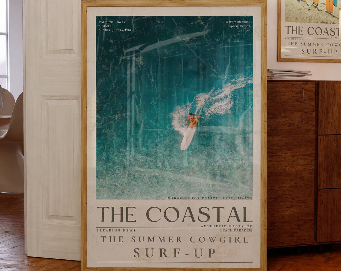 Blue Coastal Life Surf Up Cowgirl Vintage Newspaper Print 70s Surf Wall Art Retro Coastal Life Magazine Cover Chic Aesthetic Sea Poster