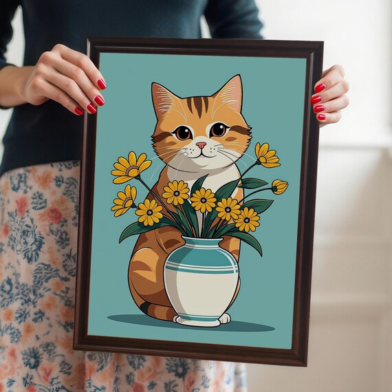 Adorable Cat With Flowers Wood Framed Wall Art Print Cute Animal Illustration
