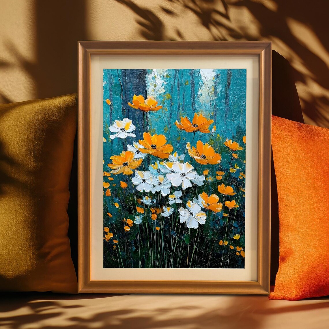 Orange And White Cosmos Flowers In Teal Garden Floral Poster