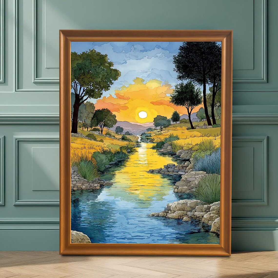 Golden Sunset River Landscape Watercolor Warm Glow Nature Painting Poster