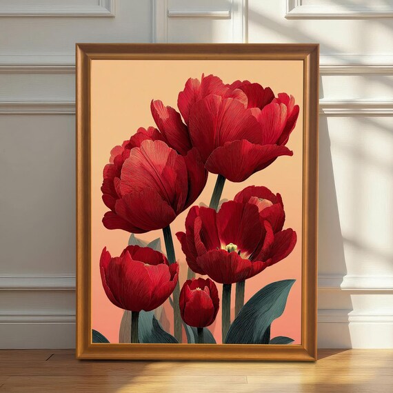 Vibrant Bold Red Tulips Bouquet Botanical Floral Artwork Print