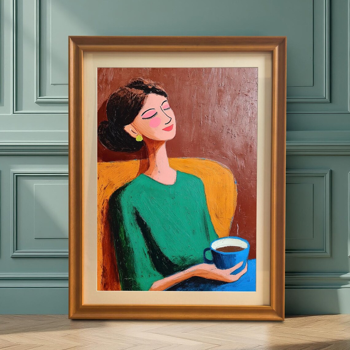 Stylized Woman Holding Blue Coffee Cup Modern Portrait Poster