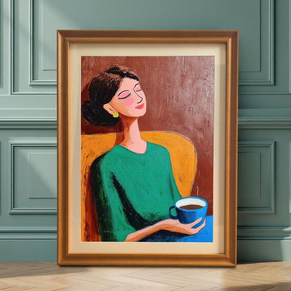Stylized Woman Holding Blue Coffee Cup Modern Portrait Poster