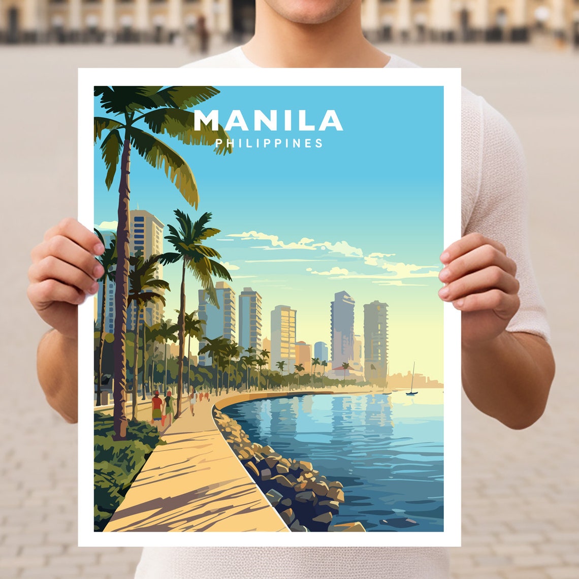 Manila Philippines Baywalk Promenade Palm Skyline Sunset Poster