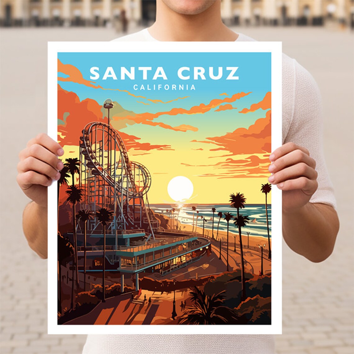 Santa Cruz California Travel Poster, Holiday Wall Art