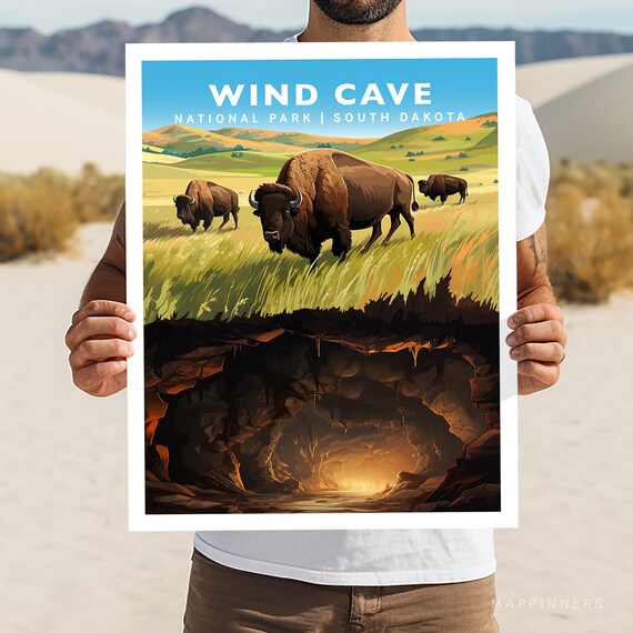Wind Cave South Dakota National Park Bison Cave Vintage Travel Poster