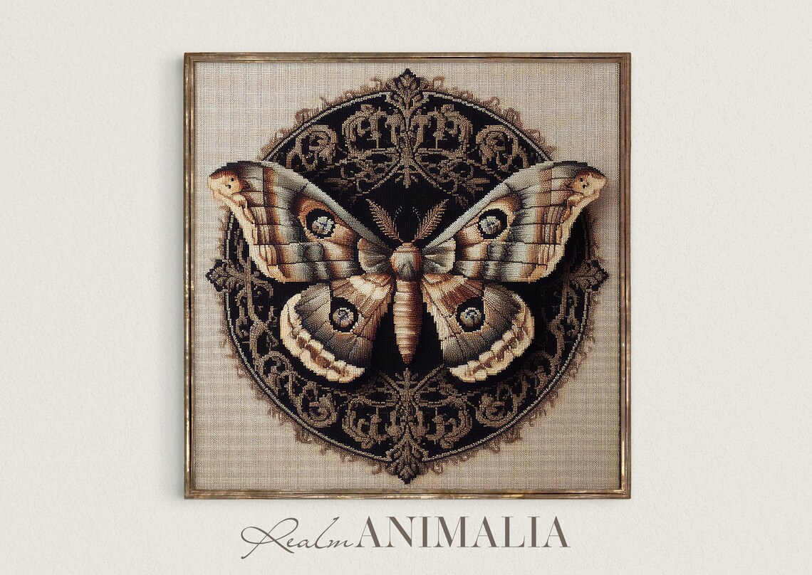 Vintage Moth Tapestry Brown Eyed Wings Dark Ornate Medallion Art Print