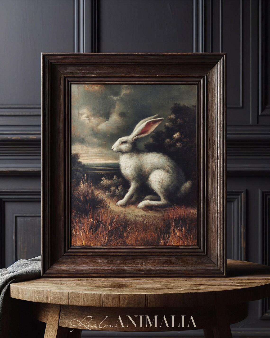White Rabbit Vintage Oil Painting Moody Autumn Field Stormy Sky Wildlife Poster - Image 3