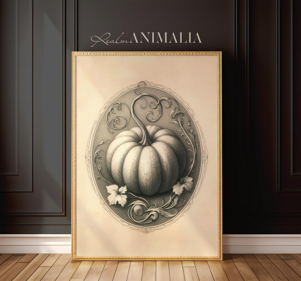Vintage Pumpkin Sketch Engraved Oval Frame Sepia Fall Botanical Art Poster - Image 2