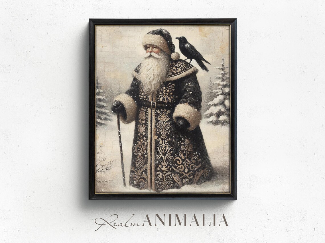 Vintage Santa and Crow Art Print, Antique Style - Image 4