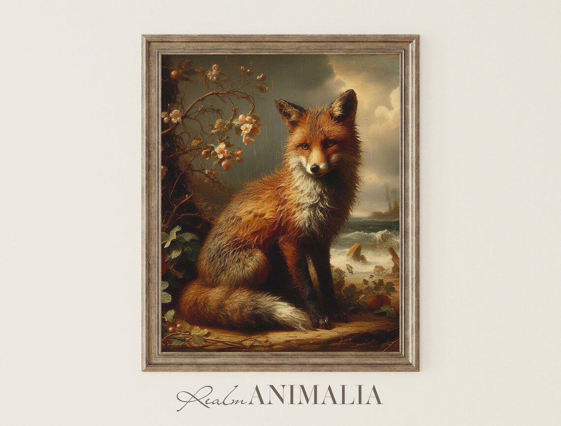 Vintage Fox Painting, Moody Red Fox Nature Art Print