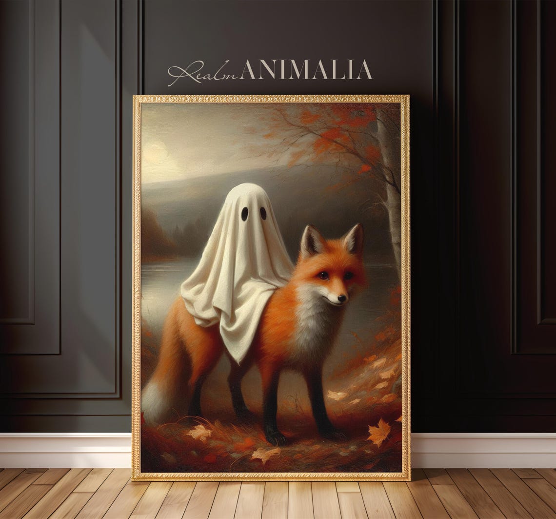 Little Ghost Riding On Fox Art Print Cute Whimsical Halloween Ghost Painting Fall Wall Art Cottagecore Autumn Home Decor Gh117 - Image 3