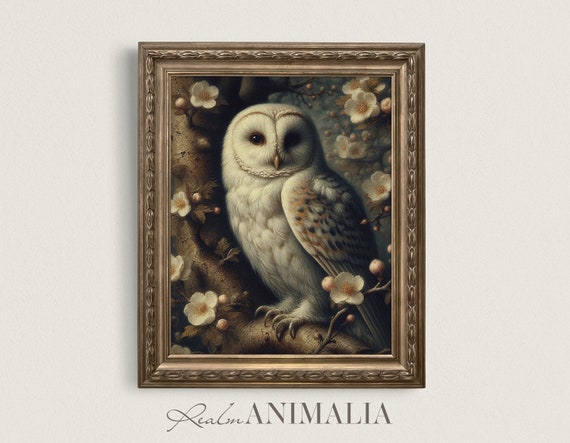 Moody White Owl Vintage Art Print, Cottagecore Decor
