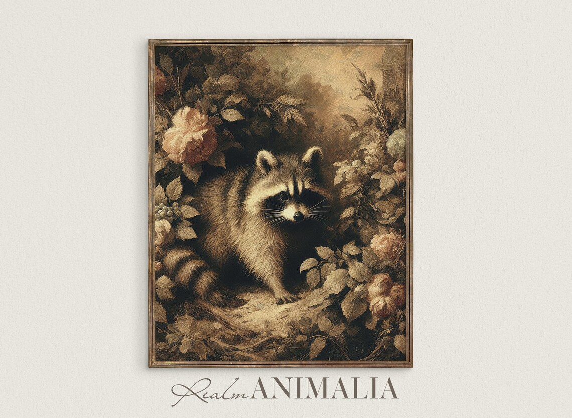 Vintage Raccoon Painting, Neutral Cottagecore Art Print