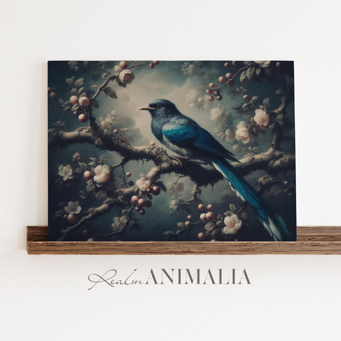 Blue Magpie On Blossoming Branch With Berries Moody Bird Poster - Image 4