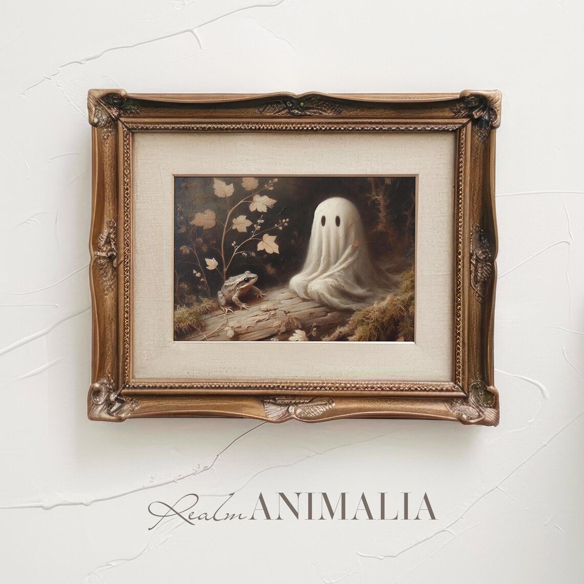 Cute Little Ghost With Frog On Log Autumn Forest Moody Halloween Poster - Image 3