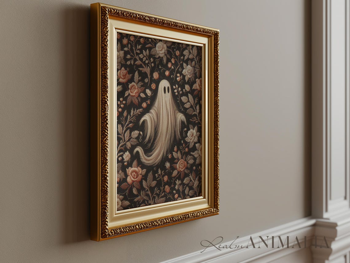 Ghost Among Roses Dense Floral Tapestry Dark Halloween Art Print - Image 2