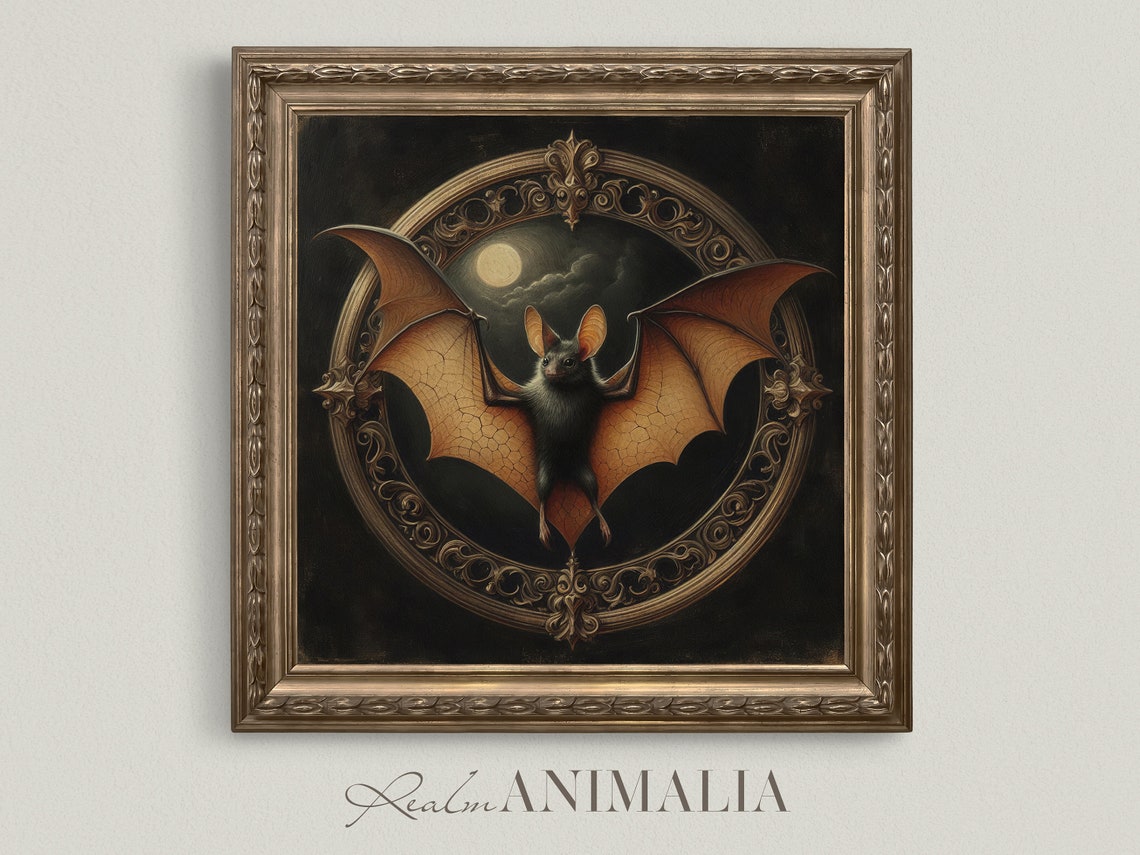 Moonlit Bat With Amber Wings Gothic Victorian Ornate Animal Art Print