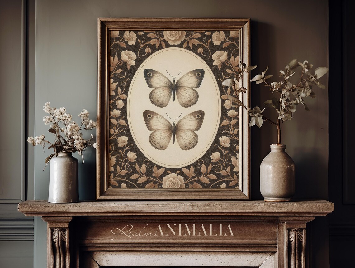 Two Butterflies In Oval Medallion Brown Floral Tapestry Vintage Poster - Image 3