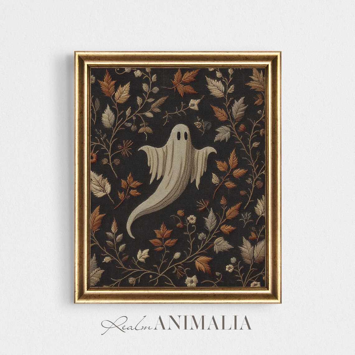 Ghost Among Autumn Leaves Dark Botanical Tapestry Halloween Art Print - Image 4